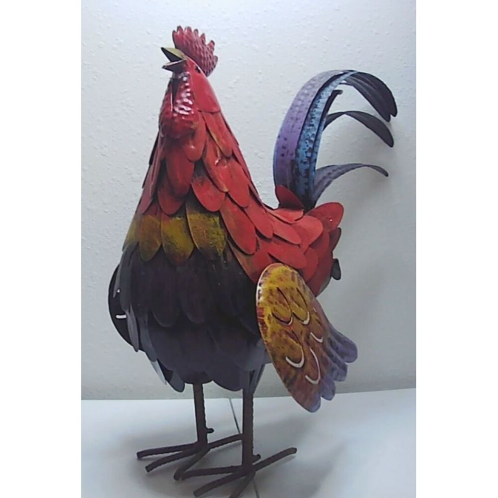 Colorful Painted Metal Crowing Rooster Statue 16” tall